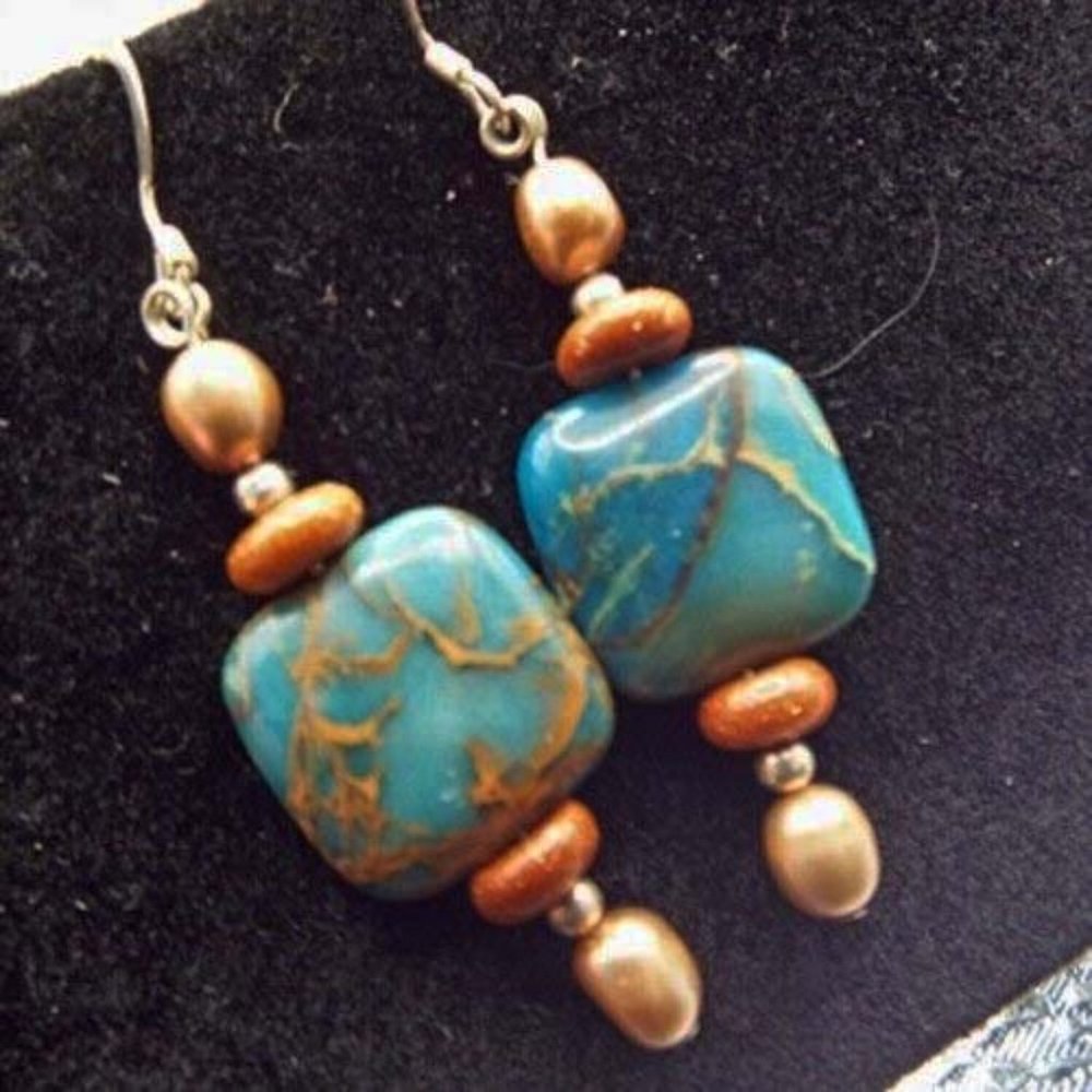 EYECATCHING TURQUOISE WITH GOLD VEINING GOLD PEARLS DANGLE EARRINGS 58